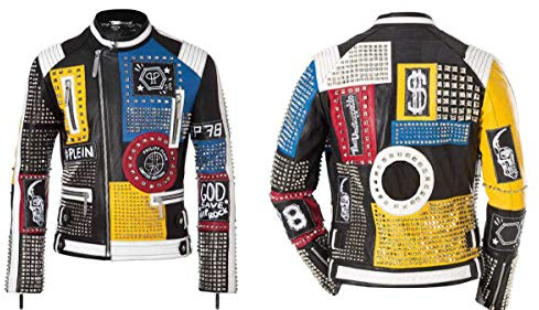Herren-Lederjacke mit Nieten, Spike Racer, Punk, Rock, Retro, mehrfarbig