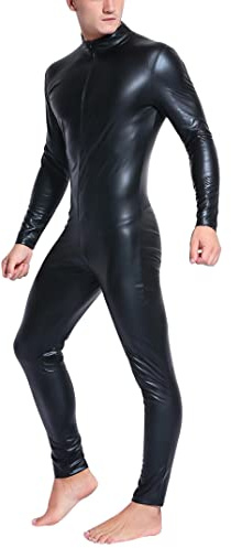 Men's Stretchy Faux Leather Jumpsuit Long Sleeve Zipper Crotch Full Body Leotard One Piece Wet Look Bodysuit Cosplay Catsuit Costume for Club Pole Dance