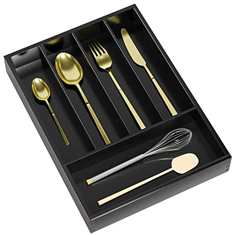 Silverware Drawer Organizer Cutlery Tray - Bamboo Black Small Kitchen Gadgets Holder&Flatware Storage 14D * 10-1/4W * 2H