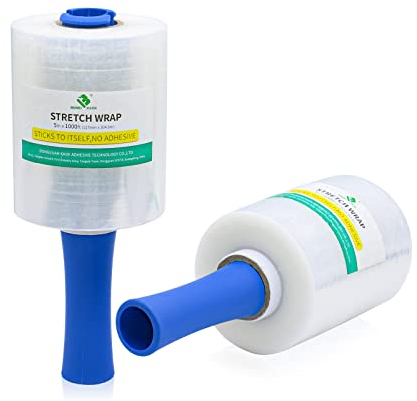 Stretchfolie mit Rollgriff Transparent 2 Rollen 127mm x 300m,20my dicke Mini-Hand-Stretchfolie Kunststofffolie zum Umzug,Wickelfolie,Schrumpfen,BOMEI PACK