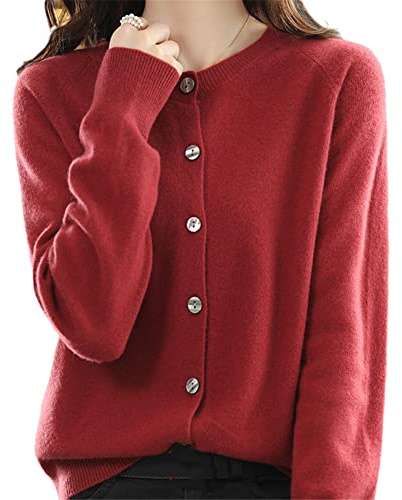Australischer Kaschmir-Cardigan Damen-Jacke Einfarbig Rundhalsausschnitt Kaschmir-Pullover-Mantel, ziegelrot, M