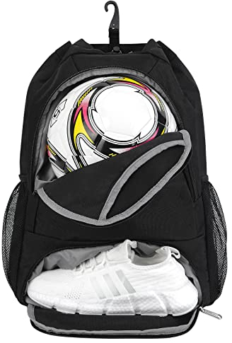 Fußball tasche, Basketball Kordelzug Rucksack Verstellbar Tunnelzug Daypack mit Ballfach & Schuhfach und Nasstasche Sporttasche für Herren Damen, Schwarz