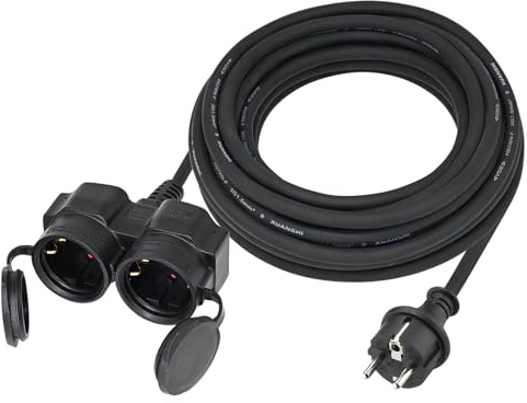 XUANSHI Verlängerungskabel Outdoor 3m mit 2 Schuko-Steckdosen, Doppel-Verlängerung Stromkabel für den Außenbereich IP44, H07RN-F 3G 1,5 mm² Gummi Kabel, 2-Fach Verteiler außen mit Schutzkappe 3500W