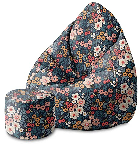 DreamRoots Sitzsack Erwachsene 80x80x120, Colorful Flowers | Bean Bag mit Lehne, Hocker & Bezug, 80x80x120 & 70x70x105 cm, Sitzkissen Boden, Bubibag, dunkle Blumen-Designs
