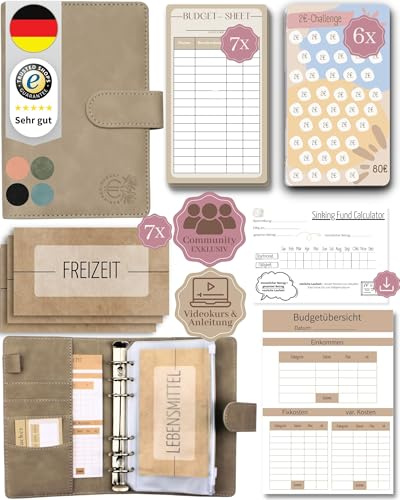 BeginnerBudget® Budget Planner Deutsch - Starterset mit Sparchallenge Budgetplaner - Sparen mit Umschlagmethode + Anleitung - Ringbuch A6 - Binder A6 Wildleder-Style (Grau)