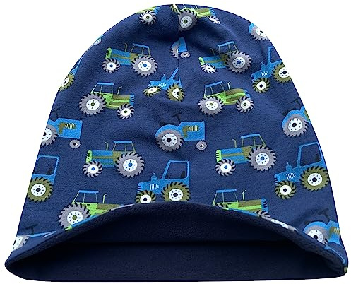 Wollhuhn Öko Warme Winter Jungen/Mädchen/Kinder Winter Long Beanie Mütze Mit Fleecefutter Versch. Motive (aus Öko-Stoffen, Bio) 20220666 (Trecker Dunkelblau M)