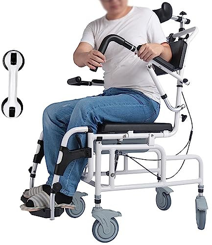 ZAANU Reclining Shower Chair, with 4 Lockable Silent Wheels, Detachable Bucket, Padded Seat, Adjustable Tilt 45° Commode Wheelchair for Seniors