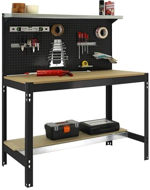 Simon Rack Arbetsbänk med perforerad panel, 400 kg Lastkapacitet, 1445x910x610 mm, DIY Arbetsbord Garage, Antracit/Trä – BT3