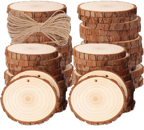 50PCS Dischi Legno Grezzo 4-5cm, BetterJonny Legno da Decorare Diametro Fette di Legno con Fori e Spago e Non Rifinite con Corteccia per Natale Segnaposto Pirografo Intagliare