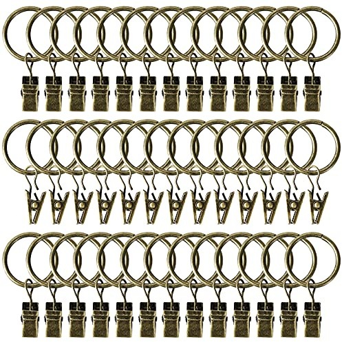 Gardinringar med klämmor krokar 44-pack 3,2 cm metall rostfritt stål draperiringar för spänningsstångfäste öljetter dekorativa hängare, brons (3,2 cm innerdiameter)