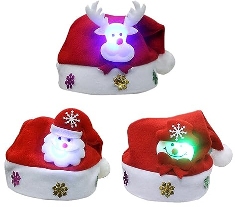 LED Weihnachtsmütze, Leuchtende Kider Nikolausmütze Plüsch Rote Santa Mütze Nikolaus Rentier Schneemann Hüte Dicker Fellrand Weihnachten Mütze Set für Weihnachten Neujahr Partys Neujahrsgeschenk