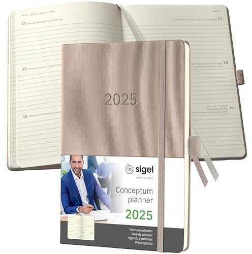 SIGEL C2560 Wochenplaner Wochenkalender 2025, ca. A5, taupe, Hardcover, 192 Seiten, Gummiband, Stiftschlaufe, Archivtasche, aus nachhaltigem Papier, Conceptum