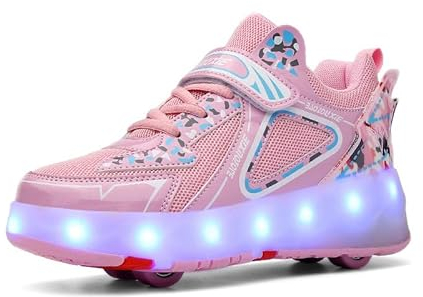 Funthy Jungen Mädchen Rollschuhe Schuhe Mit 4 Rollen Skateboardschuhe, Verstellbar Jugend Schuhe mit Rollen und LED Licht, Multifunktionale Sportschuhe Outdoorschuhe für Kinder Erwachsene…-Rosa||41