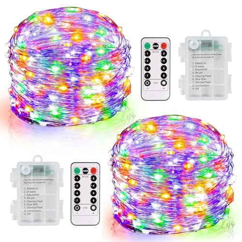 DBFAIRY 2x10M 100 LED Lichterkette Batterie mit Timer für Innen Außen Deko | Wasserdicht Lichterketten Draht mit Fernbedienung 8 Modi für Party Hochzeit Weihnachten Deko (Mehrfarbige)