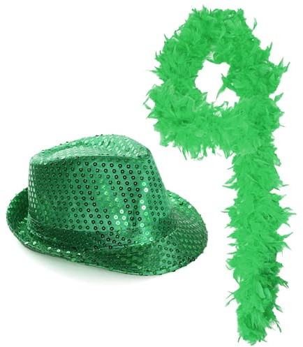 Grüner Pailletten-Trilby-Hut und Federboa – grüner Pailletten-Trilby-Hut und grüne Federboa – perfekt für St. Patrick's Day und andere Kostümveranstaltungen