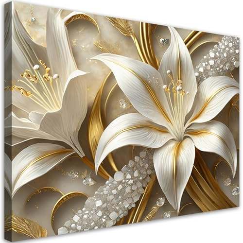 Feeby Leinwandbilder - Deko Bilder - Lilien Glamour Gold Kunst - Canvas 60x40 1tlg- Wandbilder Schlafzimmer - Aesthetic Room Decor - Modern Wanddeko - Bild auf Leinwand - Fertig Gespannd