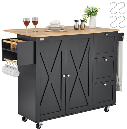 VEVOR Kitchen Island Cart, 56 Wood Top Mobile Carts with Storage Cabinet, Rolling Table with Drop Leaf, Spice Rack, Towel Bar, Adjustable Shelf, Drawer, and Hooks, Portable Islands on Wheels, Black
