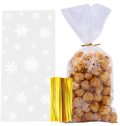 100 Kekstüten Weihnachten,Cellophantüten Weihnachtstüten zum Befüllen Süßigkeiten Tüten Plätzchen Geschenktüten Transparent Plätzchentüten Christmas Kekse Schneeflocken Kekstüten,für Keks Verpackung