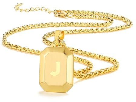 Männer Herren Edelstahl Halskette Mit Alphabet Schmuck Geschenke | Silber Schwarz Gold Quadrat Hundemarke Initial Monogramm A-Z Kette für Jungen 20 + 2 Zoll Weizen Kette Unisex