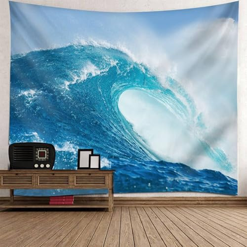 Mesnt Wandteppich Natur XXL, 300x256cm Große Meereswelle Landschaft Wandteppiche Wandtuch für Wohnzimmer Schlafzimmer Dekoration | Blau Weiß