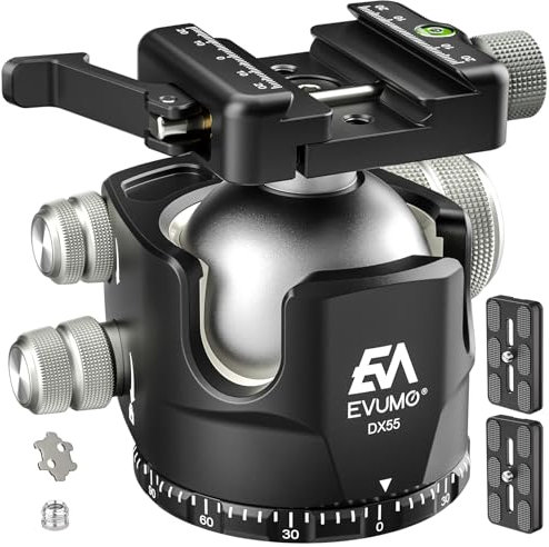 DX55-P Support à rotule pour trépied 55 mm Low Profile Support avec levier Lock Picatinny Arca Pince suisse, tête de trépied panoramique CNC pour appareil photo, charge maximale 40 kg