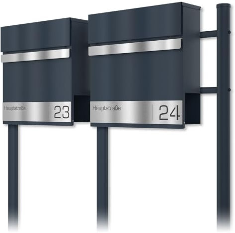 Graviers Design Cassetta per lettere doppia autoportante con base in antracite RAL 7016 - personalizzata in acciaio inox con incisione laser del nome della strada e del numero civico - serratura