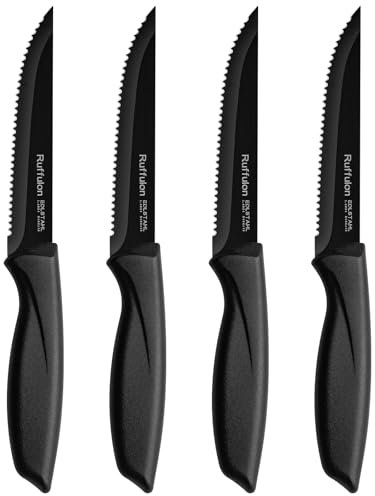 Ruffulon Set di 4 Coltelli da Bistecca,Coltelli da Cucina Affilati,Coltelli da Tavola in Acciaio Inox,Coltello Nero,Coltelli Bistecca Seghettato,Coltelli da Cucina Professionali per Tagliare la Carne