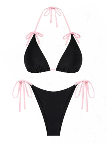 seamoly Damen-Bikini-Set, zweiteiliger Badeanzug, strukturiertes Neckholder, Triangel-Tanga-Bikini-Set