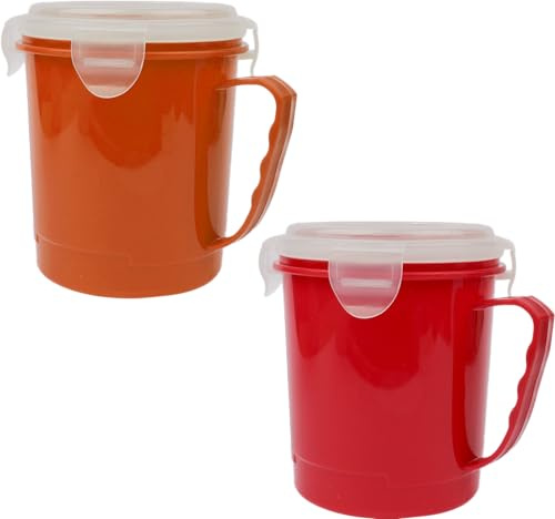 Navoys Microwave Soup Mugs 700ml - Steam Release Vents, Porridge & Noodle Bowl, BPA-Free, Leak-Proof Dishwasher-Safe, Microwavable Mugs, Heat Resistant, Home & Office (2pk - Red & Orange)