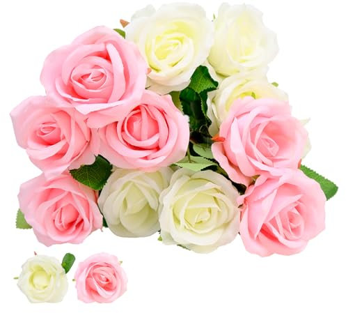inheming 12Pcs Artificial Roses,Artificial Flowers,Silk Roses Single Stem,Bouquet Faux Flowers, Fake Rose for Home Wedding Party Decor(6Pcs White+6Pcs Pink)