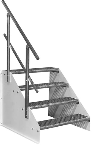 SRM Design 4 Stufen Standtreppe Stahltreppe Wangentreppe Gitterrosttreppe Außentreppe Industrietreppe freistehend Breite 100cm Höhe 84cm weiß 1x Geländer