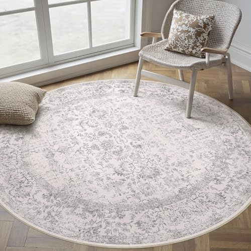 HUGEAR Vintage Rund Matta Grå Runda Mattor 240cm Tvättbar Halkfri Golvmatta Sovrum Vardagsrum Kontor Barnrum Carpet Rug Mjuk Kort Lugg