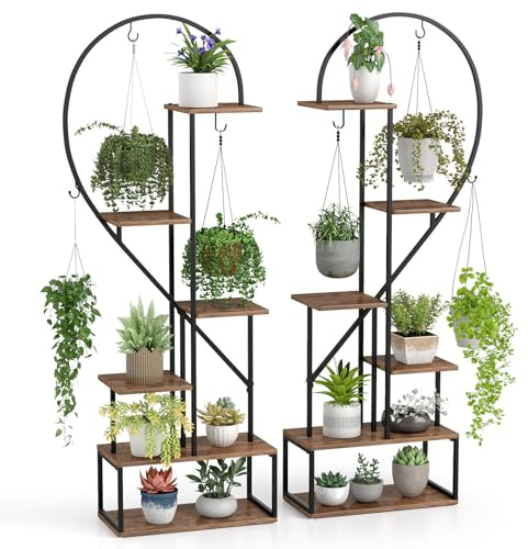 COSTWAY 5/6-Tier Tall Plant Stand, 2-Pack Ladder Plant Shelf with Hanging Hooks, Indoor Outdoor Metal Display Pot Holder for Balcony Garden Patio (Rustic Brown+Black, 56 x 28 x 168 cm, Heart-Shaped)