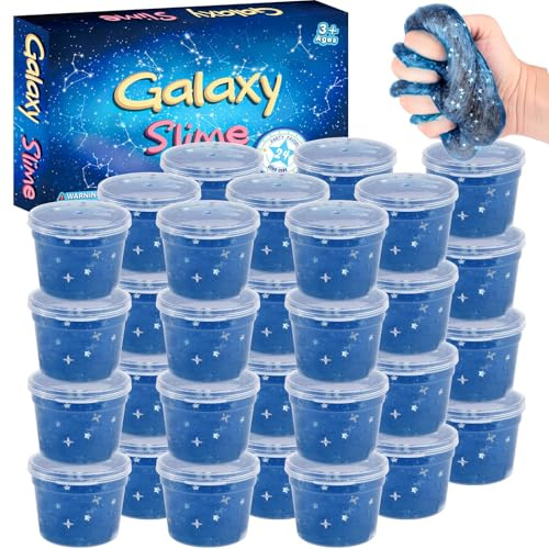 24 Pack Gray-Blue Galaxy Slime Cups, Star Glitter Party Favors for Kids | Soft, stretchy gray-blue galaxy slime with star glitter. Great for birthday party favors, classroom rewards, and goodie bags.