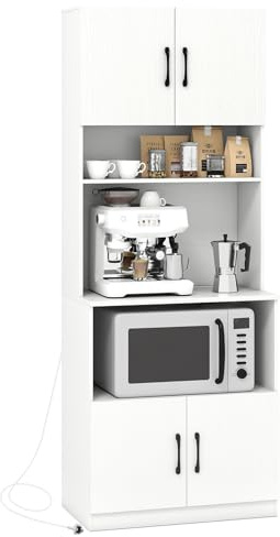 GOPLUS Meuble Cuisine avec Station de Recharge et Trou de Câble, Buffet Salle a Manger Haut avec 2 Placards à Portes, Comptoir Spacieux Ouvert, Étagères Réglables, Moderne pour Cuisine, Salon, Blanc