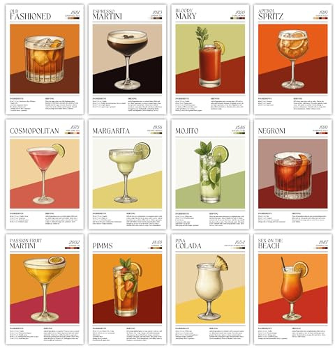 Cocktail Prints Set of 12, A4 Size Wall Art Pictures Including Aperol Spritz, Margarita, Mojito for Living Room, Kitchen and Bar, Frames Not Included, The Perfect Cocktail Gift