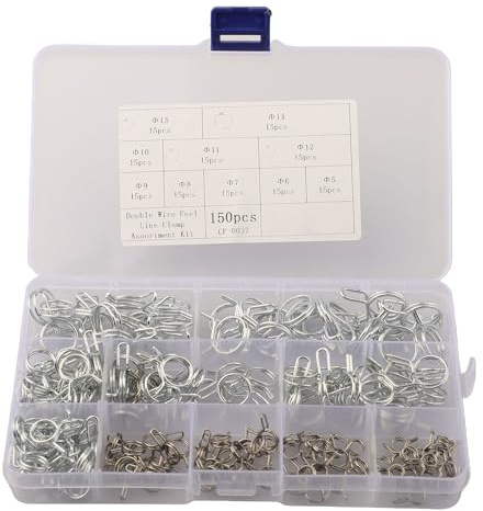 Lawnoval 150pcs Double Wire Hose Clamp Kit, Stainless Steel and Carbon Steel Spring Clips for 5-14mm Water Pipes and Air Tubing in Storage Box
