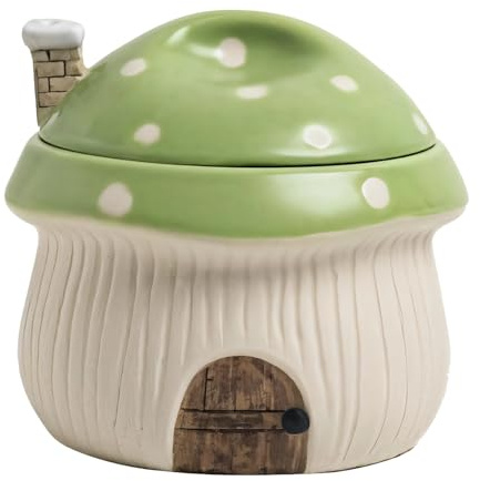 Packool 11.83 fl oz / 350 ml Small Spice Jar, Handcrafted Design with Chimney and Wooden Door, Great for Sugar, Salt, or Pepper in the Kitchen, Cute Mushroom Ceramic Condiment Jar with Lid