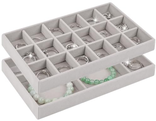 ALIIP Jewellery Trays, 2-Piece Set with 18 & 6 Compartments, Velvet Lined Organiser with Removable Dividers for All Jewelry, Grey