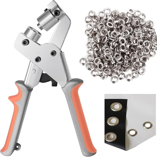 Grommet Tool Kit with 500 pcs Metal Grommets, Handheld Grommet Pliers, 3/8 Inch (10mm) Silver Eyelets for Canvas, Tarpaulin, Fabric, Leather, Vinyl, DIY Projects