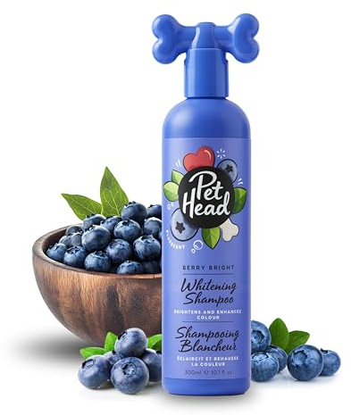 Pet Head Berry Bright Vitgörande och Färgförbättrande Schampo för Hundar | Blåbärsdoft | För att Bleka Vita och Ljusa Hundpälsar | Neutraliserar Toner i Gult och Mässing | Lämplig för Valpar | 300 ml
