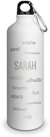 Trinkflasche mit Namen Sarah - graviert mit Positive Eigenschaften, Aluminiumflasche mit Gravur, Sportflasche - matt weiß