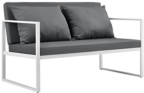 casa.pro Divano da Esterno con Cuscini Telaio in Ferro Sofà per 2 Persone Arredo Outdoor per Giardino Patio Terrazza 70 x 114 x 60 cm Bianco/Grigio