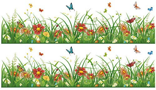 Wandkings Bordüre - Wähle ein Motiv - Gras mit bunten Blumen - 2x selbstklebende Wandbordüren je 100 cm - Gesamtlänge: 200 cm - Höhe: 24 cm