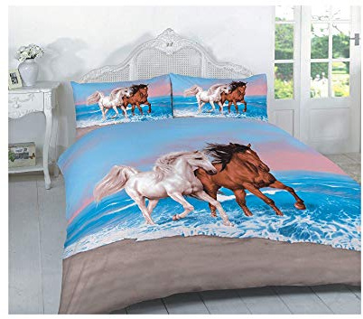 Excellent Hotel Quality Double Size Printed Blue Horses Design Duvet Cover Set Bedding Set with Pillowcases - Double Size