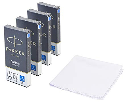 Parker Quink Füllfederhalterminen, lange Patronen, waschbare blaue Tinte, 20 Stück, mit Poliertuch