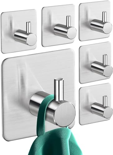 Aikzik Self Adhesive Hooks, Set of 6 Stainless Steel Hooks – Strong Stick on Hook, Sticky Hook for Door and Coat