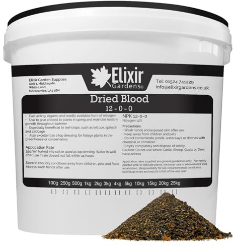 Elixir Gardens Dried Blood Organic Multi-Purpose Fertiliser 12-0-0 Various Sizes 500g-25kg | 5kg Tub | Treats over 14sqm