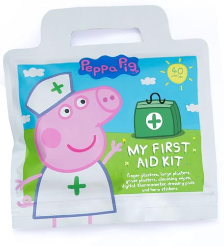 Peppa Pig Childrens 'My First Aid Kit' x40 / Latex Free/Hypoallergenic/Washproof and Sterile/Includes: x3 Size Plasters/Wound Wipes/Digital Thermometer/Gauze Pads/Hero Stickers