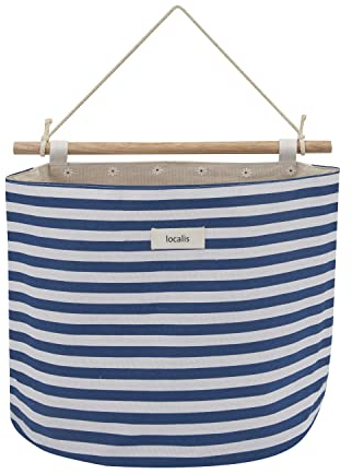Hängväska XXL – tyg, med innerfoder – hängförvaring, hängförvaring, väggorganisering, väggväska – perfekt för hemmakontor, hall, badrum, barnrum – 35 x 15 x 28 cm (blå randig)
